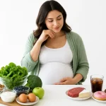 زن باردار در حال انتخاب خوراکیهای سالم روی میز